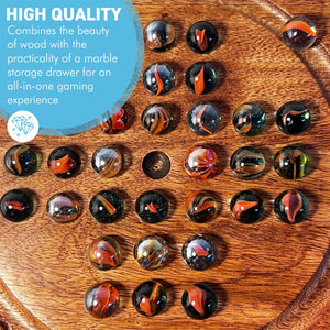 Wooden Solitaire with Drawer Traditonal Orange Storing Marbles | Travel Games | Strategic & Traditional Games | Perfect for Adults & Family Fun