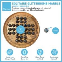 Load image into Gallery viewer, 30cm Diameter WOODEN SOLITAIRE BOARD GAME with GLITTERBOMB GLASS MARBLES | classic wooden solitaire game | strategy board game | family board game | games for one | board games
