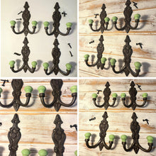 Load image into Gallery viewer, Set of 4 𝗙𝗥𝗘𝗡𝗖𝗛 𝗦𝗧𝗬𝗟𝗘 𝗖𝗔𝗦𝗧 𝗜𝗥𝗢𝗡 𝗗𝗢𝗨𝗕𝗟𝗘 𝗛𝗢𝗢𝗞𝗦 – Lime Green Ceramic Tops, Wall Coat Hooks for Hallway, Cloakroom, Bedroom
