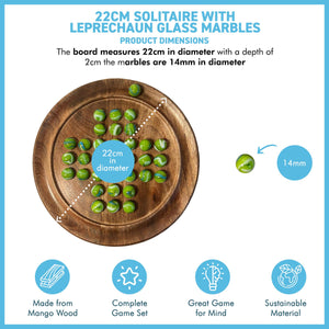 22cm Diameter wooden SOLITAIRE BOARD GAME with GREEN LEPRECHAUN GLASS MARBLES | classic wooden solitaire game | strategy board game | family board game | games for one | board games