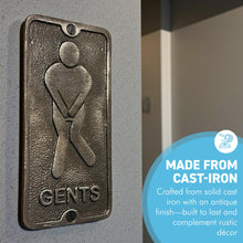 Load image into Gallery viewer, 𝗩𝗜𝗡𝗧𝗔𝗚𝗘 𝗦𝗧𝗬𝗟𝗘 𝗚𝗘𝗡𝗧𝗦/𝗠𝗘𝗡𝗦 𝗖𝗔𝗦𝗧 𝗜𝗥𝗢𝗡 𝗧𝗢𝗜𝗟𝗘𝗧 𝗗𝗢𝗢𝗥 𝗦𝗜𝗚𝗡 | 𝟯′ 𝘅 𝟲’ (𝟳𝟱𝗺𝗺 𝘅 𝟭𝟱𝟬𝗺𝗺) | Plaque | Bathroom | Wall Decor | Antique Style | Bathroom Sign | Restroom | Door Sign | Decorative Home Accessory
