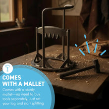 Load image into Gallery viewer, 𝗖𝗔𝗦𝗧 𝗜𝗥𝗢𝗡 𝗪𝗢𝗢𝗗 𝗦𝗣𝗟𝗜𝗧𝗧𝗘𝗥 𝗪𝗜𝗧𝗛 𝗛𝗔𝗠𝗠𝗘𝗥 | 36.5cm (H) (14”) | Wood &amp; Kindling Splitting Tool | Firewood Cutter with Pre-Drilled Base | Splitting Blade | Fireplace Decor
