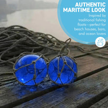 Load image into Gallery viewer, TWO DEEP BLUE GLASS FISHING FLOAT ORNAMENTAL SEA BUOY | hand blown | nautical seafaring fishing rustic décor | 10cm diameter | with rustic brown string netting and hanging loop | Japanese style glass fishing floats
