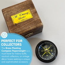 Load image into Gallery viewer, Floating Brass Compass Paperweight in wooden presentation box
