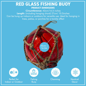 DEEP RED GLASS FISHING FLOAT ORNAMENTAL SEA BUOY | hand blown | nautical seafaring fishing rustic décor | 10cm diameter | with rustic brown string netting and hanging loop | Japanese style glass fishing floats