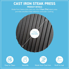Load image into Gallery viewer, 𝗛𝗘𝗔𝗩𝗬 𝗗𝗨𝗧𝗬 𝗖𝗔𝗦𝗧 𝗜𝗥𝗢𝗡 𝗦𝗧𝗘𝗔𝗞 𝗣𝗥𝗘𝗦𝗦: 17cm (7in) Non-Stick Round Grill Press | Wooden Handle for Burgers, Bacon &amp; Steaks | Flat Top Griddle | BBQ Meat Press
