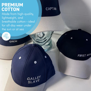 Set of 4 Adjustable Navy-Blue Baseball Caps, Galley Slave, Captain, Crew & First Mate, Nautical Boating Hats for Sailing, Yachting & Team Uniform