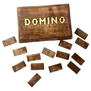 Handcrafted Wooden Domino Set with Brass Inlay, 28 Classic Tiles, 15cm x 10cm, Includes Wooden Storage Box  Elegant Table Game