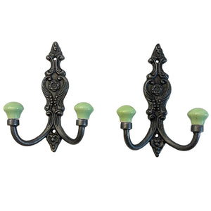 SET OF 2 CAST IRON FRENCH STYLE DOUBLE ORNATE HOOKS | Lime green Ceramic Ball Tops | Cloakroom Hook | Decorative Double Hook, hat and coat hook | 15cm x 11cm.