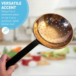 Large Decorative Copper Strainer & Skimmer  Antique Farmhouse Décor, Slotted Copper Scoop for Hanging Kitchen Display, Vintage Style