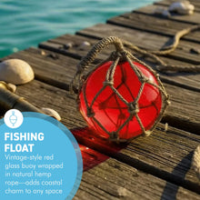 Load image into Gallery viewer, DEEP RED GLASS FISHING FLOAT ORNAMENTAL SEA BUOY | hand blown | nautical seafaring fishing rustic décor | 10cm diameter | with rustic brown string netting and hanging loop | Japanese style glass fishing floats
