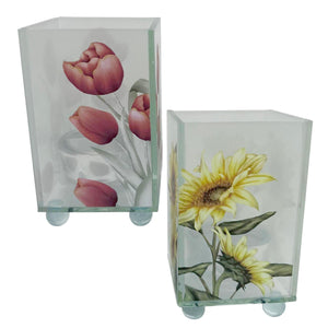 Set of 2 Glass Votive Candle Holders, Floral designs, Tulip and sunflower, Perfect for Home Decor & Gifts