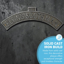 Load image into Gallery viewer, Flying Scotsman Cast Iron Wall Plaque – Vintage-Style Railway Sign for Shed, Office, Bedroom or Man Cave | 30cm
