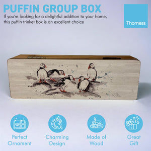 PUFFIN GROUP TRINKET BOX | Wooden box with group of Puffins | Trinket storage box | Puffin themed gift | Beach Gift | 22cm (L) x 7cm (W) x 5cm (H)