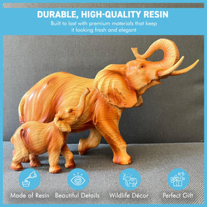 Wood Effect Elephant and Calf Decorative Ornament - Wildlife Home Accessory Gift for Living Room
