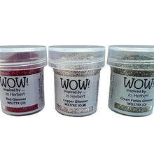 Load image into Gallery viewer, 3 x Wow! Embossing Powders 15ml | RED GLIMMER, COPPER GLIMMER &amp; GREEN FIELDS regular| Free your creativity and give your embossing sparkle

