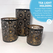 Load image into Gallery viewer, Set of 3 Moroccan-Style Round Tea Light Holders, Arabic Design, Black &amp; Gold Metal Finish - Perfect for Home Decor
