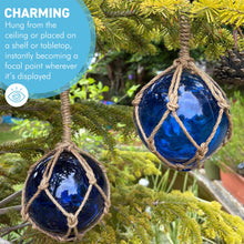 Load image into Gallery viewer, TWO DEEP BLUE GLASS FISHING FLOAT ORNAMENTAL SEA BUOY | hand blown | nautical seafaring fishing rustic décor | 10cm diameter | with rustic brown string netting and hanging loop | Japanese style glass fishing floats
