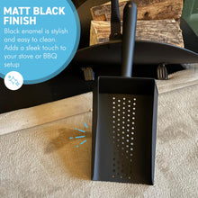 Load image into Gallery viewer, 𝗘𝗡𝗔𝗠𝗘𝗟𝗟𝗘𝗗 𝗦𝗧𝗘𝗘𝗟 𝗪𝗢𝗢𝗗𝗙𝗜𝗥𝗘 𝗣𝗘𝗟𝗟𝗘𝗧 &amp; 𝗖𝗢𝗔𝗟 𝗦𝗛𝗢𝗩𝗘𝗟 | Matt Black Metal Scoop | 33cm (L) | Dust-Free | Easy Scooping | Durable | BBQ cooking
