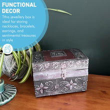 Load image into Gallery viewer, Distressed Wooden Jewelry &amp; Keepsake Box with Silver &amp; Copper Alloy Finish, Elephant &amp; Floral Decor

