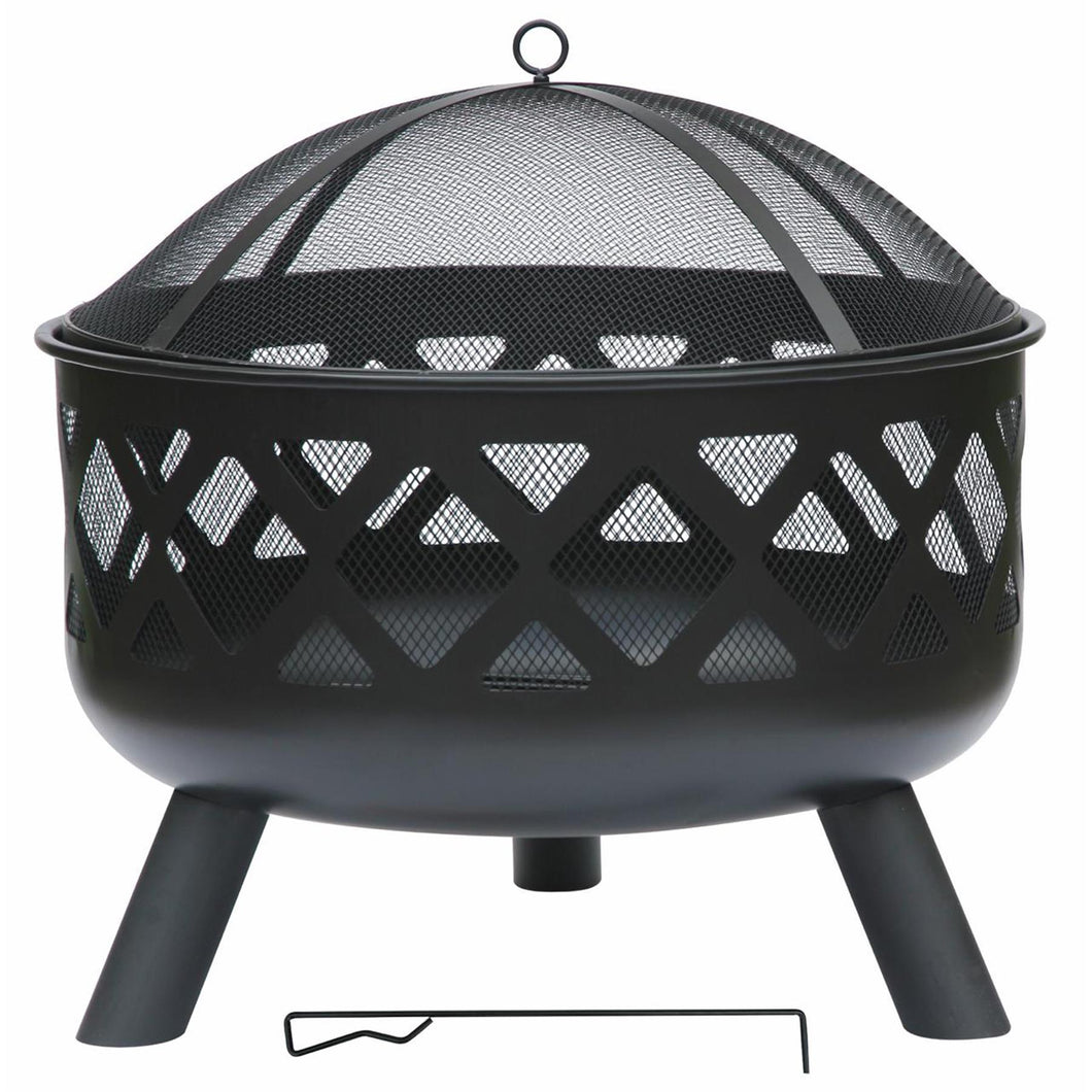 𝗟𝗔𝗥𝗚𝗘 𝗦𝗧𝗘𝗘𝗟 𝗢𝗨𝗧𝗗𝗢𝗢𝗥 𝗙𝗜𝗥𝗘 𝗣𝗜𝗧 𝗕𝗢𝗪𝗟 | Modern Black Steel Lattice Design with Mesh Cover | Safety Poker & Log Grate included | 𝗪𝗢𝗢𝗗 𝗢𝗥 𝗖𝗛𝗔𝗥𝗖𝗢𝗔𝗟 𝗕𝗨𝗥𝗡𝗘𝗥 for Patio & Garden