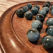 Load image into Gallery viewer, 30cm Diameter MANGO WOOD SOLITAIRE BOARD GAME with Midnight Blue Glass Marbles | |classic wooden solitaire game | strategy board game | family board game | games for one | board games
