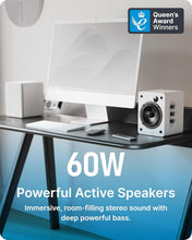 Load image into Gallery viewer, New Majority 𝗗𝟱𝟬𝗫 𝗕𝗟𝗨𝗘𝗧𝗢𝗢𝗧𝗛 𝗕𝗢𝗢𝗞𝗦𝗛𝗘𝗟𝗙 𝗦𝗣𝗘𝗔𝗞𝗘𝗥𝗦 – 60W Hi-Fi 2.0, Wireless, HDMI ARC, Optical, AUX &amp; USB, Remote, White
