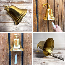 Load image into Gallery viewer, Brass Wall Mounted Traditional Ships Bell,  perfect for home bar, gardens &amp; pub decor
