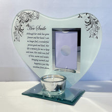 Load image into Gallery viewer, Her Smile: Inspirational Poem &amp; Candle Holder Glass Memorial Plaque - Timeless Tribute and Photo Frame
