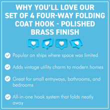 Load image into Gallery viewer, Set of four Polished Brass 𝟯-𝗣𝗥𝗢𝗡𝗚 𝗦𝗪𝗜𝗩𝗘𝗟 𝗖𝗢𝗔𝗧 𝗛𝗢𝗢𝗞𝗦,  Folding Wall Mount Hanger with Screws Included
