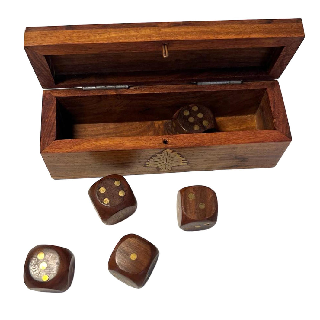 WOODEN HAND-CRAFTED DICE STORAGE BOX | Includes 5 wooden Dice | Brass inlaid embellishments | Dice Game | | Sustainable Shesham wooden hand carved box | 12.5cm (l) x 4.5cm (h) x 4cm (w)