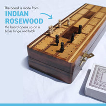 Load image into Gallery viewer, Wooden cribbage board with pegs and two packs of playing cards
