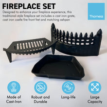 Load image into Gallery viewer, Premium 16" Cast Iron FIREPLACE GRATE SET – Complete Set with Castle Front, Ash Pan &amp; Log Tongs for Classic Fireplaces

