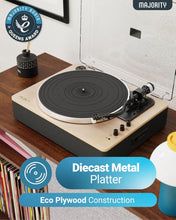 Load image into Gallery viewer, Refurbished Majority Folio 𝗕𝗘𝗟𝗧 𝗗𝗥𝗜𝗩𝗘 𝗥𝗘𝗖𝗢𝗥𝗗 𝗣𝗟𝗔𝗬𝗘𝗥 𝗪𝗜𝗧𝗛 𝗕𝗟𝗨𝗘𝗧𝗢𝗢𝗧𝗛 | Wooden Home Audio Vinyl Player with Integrated Stereo Speakers | USB Recording &amp; Playback, AT3600L Cartridge, and Auto Stop Function | Majority Folio Tu
