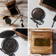 Load image into Gallery viewer, Brass Pocket Compass with chain in wooden keepsake box, ideal for outdoor use
