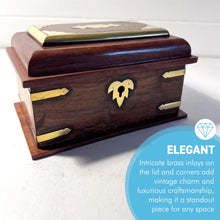 Load image into Gallery viewer, Wooden lockable Trinket Box with brass inlay, decorative detailing, and key for secure storage
