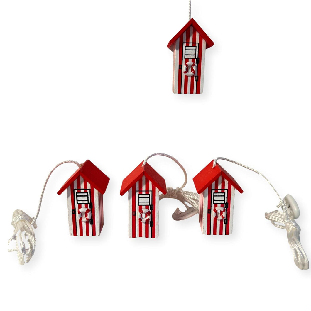 Set of 4 Red and white beach hut light pulls| Nautical Theme Wooden Beach Hut Cord Pull Light Pulls