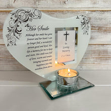 Load image into Gallery viewer, Her Smile: Inspirational Poem &amp; Candle Holder Glass Memorial Plaque - Timeless Tribute and Photo Frame
