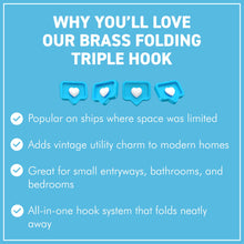 Load image into Gallery viewer, 𝗕𝗥𝗔𝗦𝗦 𝗙𝗢𝗟𝗗𝗜𝗡𝗚 𝗧𝗥𝗜𝗣𝗟𝗘 𝗛𝗢𝗢𝗞 Wall Mount – Space-Saving Coat and Hat Rack
