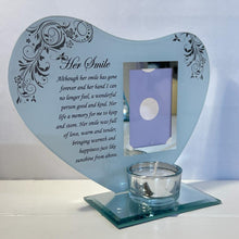 Load image into Gallery viewer, Her Smile: Inspirational Poem &amp; Candle Holder Glass Memorial Plaque - Timeless Tribute and Photo Frame
