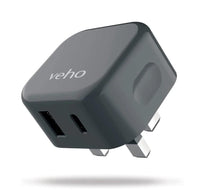 Load image into Gallery viewer, Veho Dual Port 20W 𝗨𝗦𝗕 𝗖𝗛𝗔𝗥𝗚𝗘𝗥, 𝗙𝗔𝗦𝗧 𝗖𝗛𝗔𝗥𝗚𝗘, 𝗨𝗞 𝗣𝗟𝗨𝗚 USB-C + USB
