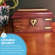 Load image into Gallery viewer, Wooden lockable Trinket Box with brass inlay, decorative detailing, and key for secure storage
