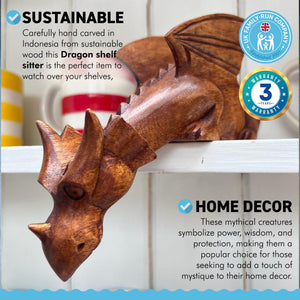 Large natural wooden shelf dragon | Dragon shelf sitter | 23cm × 17cm | Hand carved in Bali | Detailed carvings and lifelike features | Dragon ornament decoration | Dragon statute