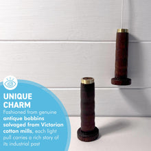 Load image into Gallery viewer, SET OF TWO ANTIQUE BOBBIN LIGHT PULLS,  upcycled from genuine antique bobbins, vintage bathroom ceiling light switch &amp; pull cord, unique piece of history for your bathroom
