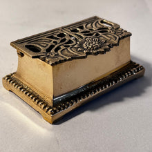 Load image into Gallery viewer, Antique style brass sunflower postage stamp holder and inkwell – polished brass desk organizer and storage
