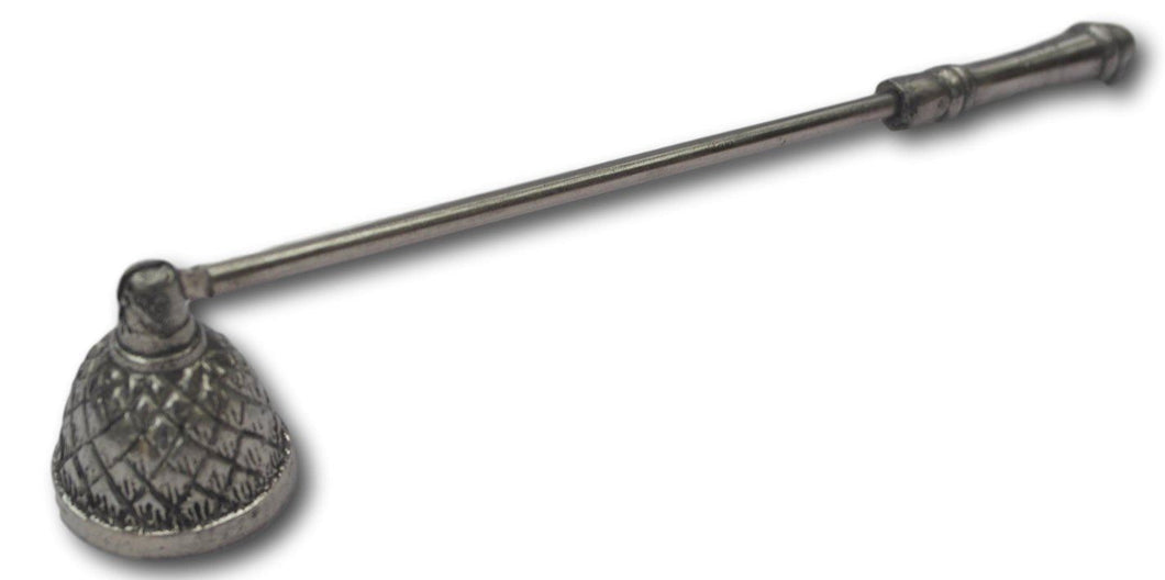 Distressed style chrome plated metal candle snuffer with decorated bell end
