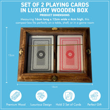 Load image into Gallery viewer, 𝗟𝗨𝗫𝗨𝗥𝗬 𝗪𝗢𝗢𝗗𝗘𝗡 𝗣𝗟𝗔𝗬𝗜𝗡𝗚 𝗖𝗔𝗥𝗗 𝗕𝗢𝗫 – 2 Decks, Brass Inlay, clear hinged lid
