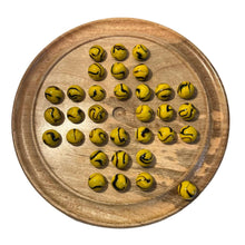 Load image into Gallery viewer, 30cm Diameter WOODEN SOLITAIRE BOARD GAME with BUMBLEBEE GLASS MARBLES | classic wooden solitaire game | strategy board game | family board game | games for one | board games

