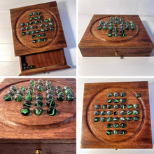 Load image into Gallery viewer, Wooden Solitaire with Drawer for Traditonal Green Marbles | Travel Games | Strategic &amp; Traditional Games | Perfect for Adults &amp; Family Fun
