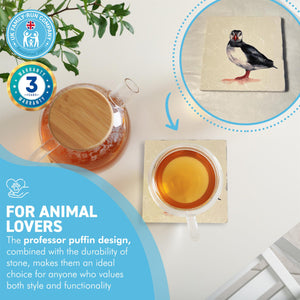 PROFESSOR PUFFIN STONE COASTER | Stone Coasters | Animal novelty gift | Coaster for glass, mugs and cups| Square coaster for drinks | Puffin gift | Meg Hawkins art | 10cm x 10cm